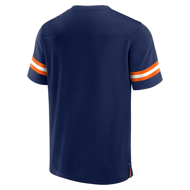 T-shirt à col en V Fanatics pour hommes bleu marine Denver Broncos Jersey Tackle