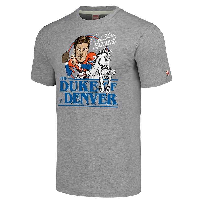 Men's Homage John Elway Heather Gray Denver Broncos Caricature Retired Player Tri-Blend T-Shirt