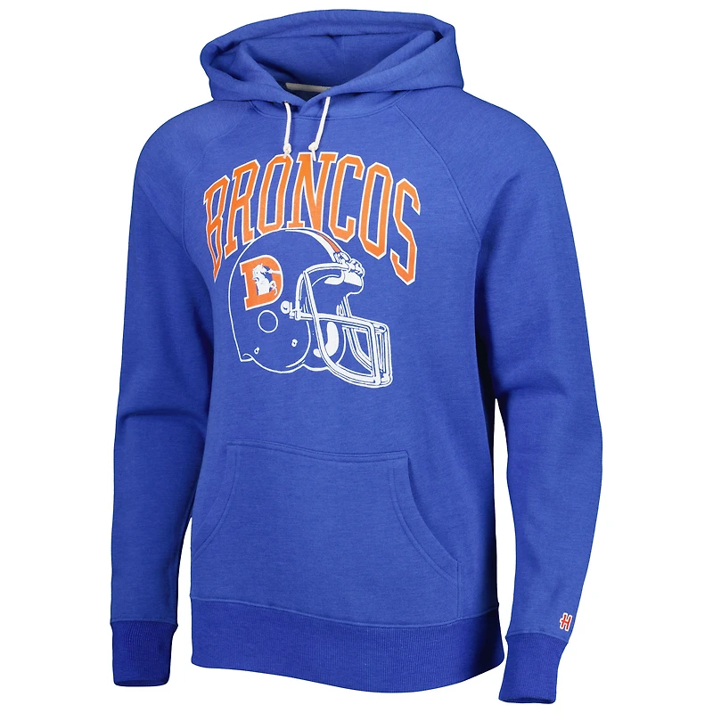 Men's Homage Royal Denver Broncos Retro Helmet Tri-Blend Raglan Pullover Hoodie