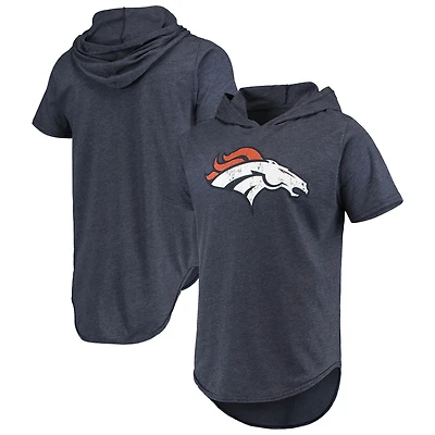 T-shirt à capuche Majestic Threads bleu marine Denver Broncos pour homme avec logo principal en trois mélanges