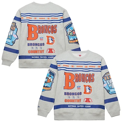 Sweat-shirt ras du cou en polaire vintage à imprimé intégral pour homme, gris chiné, Mitchell & Ness, Denver Broncos
