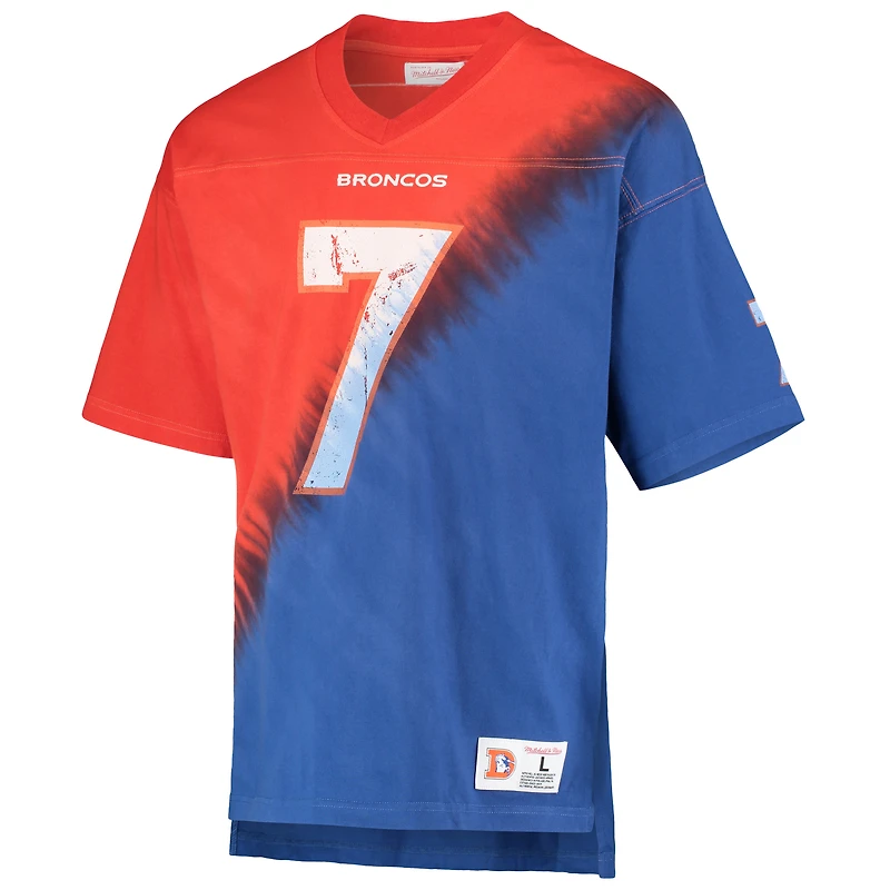 Men's Mitchell & Ness John Elway Orange/Royal Denver Broncos Retired Player Name Number Diagonal Tie-Dye V-Neck T-Shirt
