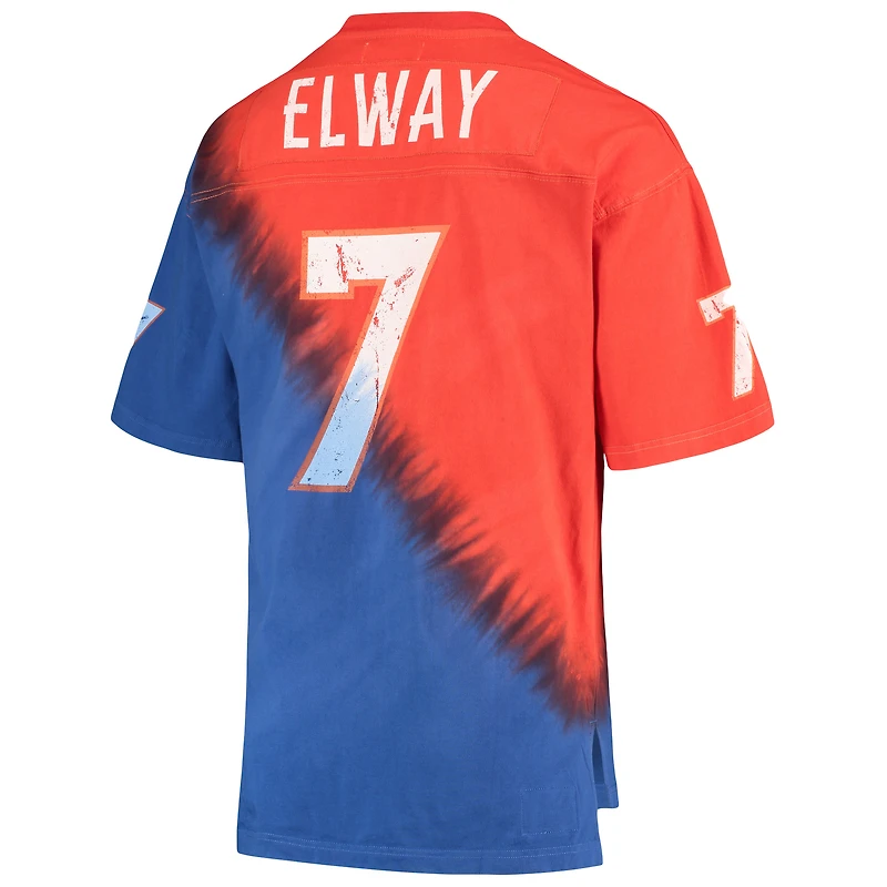 Men's Mitchell & Ness John Elway Orange/Royal Denver Broncos Retired Player Name Number Diagonal Tie-Dye V-Neck T-Shirt