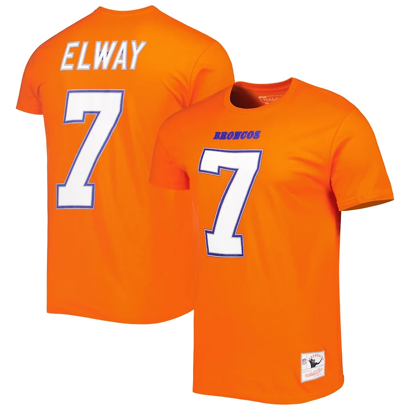 T-shirt avec nom et numéro de joueur retraité Mitchell & Ness John Elway Orange Denver Broncos pour hommes