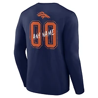 T-shirt à manches longues pour homme, bleu marine, Denver Broncos Hustle, personnalisé avec nom et numéro