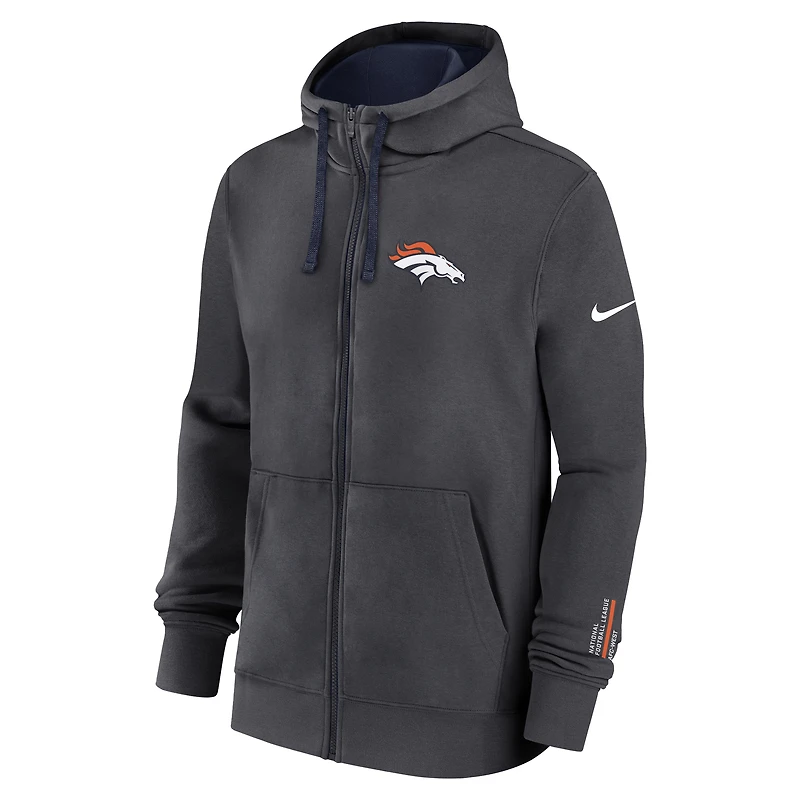 Sweat à capuche Nike anthracite Denver Broncos Primetime Club entièrement zippé pour homme