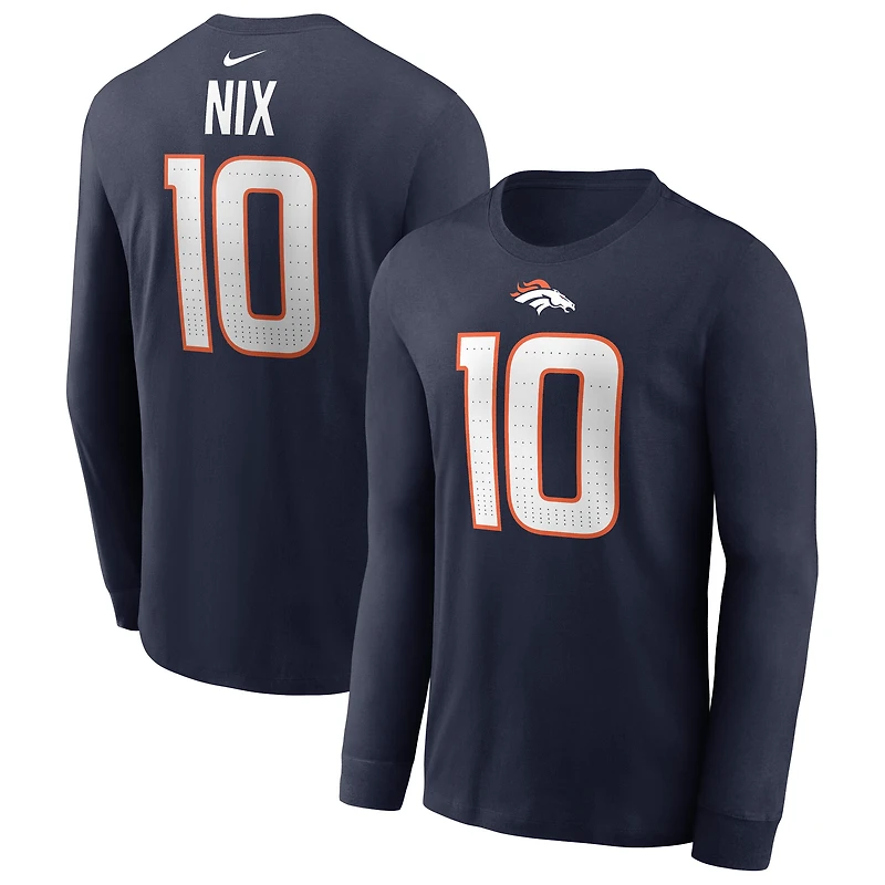 T-shirt à manches longues Nike Bo Nix bleu marine Denver Broncos pour homme, avec nom et numéro
