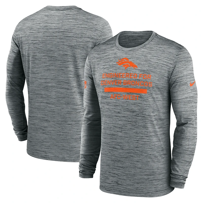 T-shirt Nike gris à manches longues pour homme Denver Broncos Sideline Velocity Performance