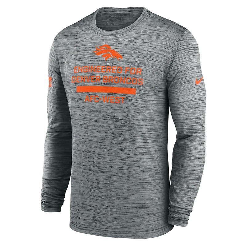 T-shirt Nike gris à manches longues pour homme Denver Broncos Sideline Velocity Performance