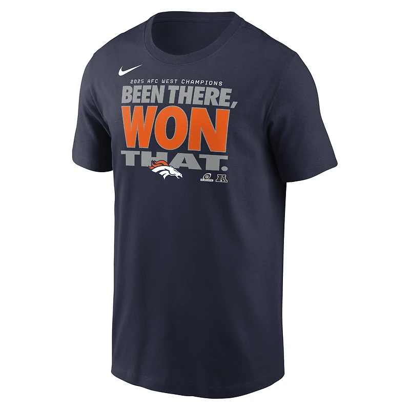 T-shirt Nike bleu marine pour homme, collection Denver Broncos 2025, champions de la division AFC Ouest, trophée du vestiaire