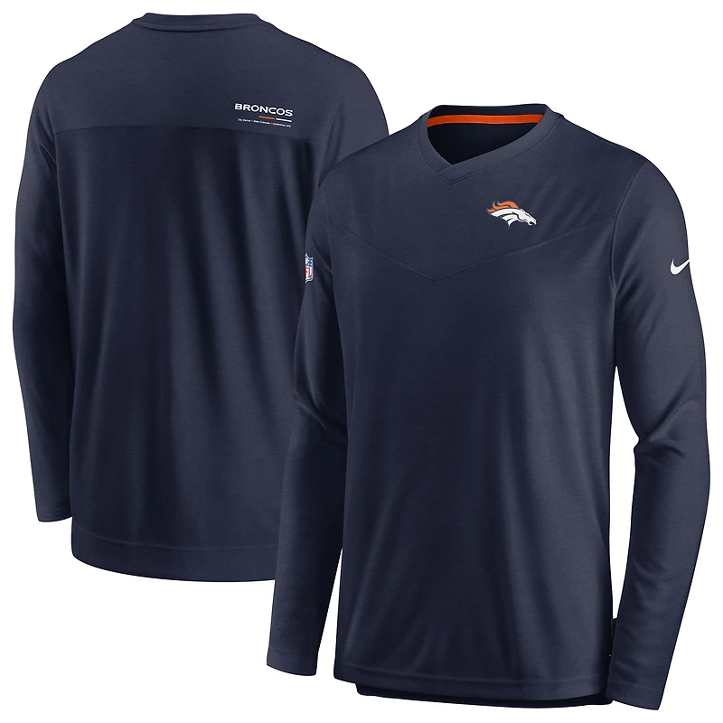 T-shirt de performance à manches longues et encolure en V pour homme Nike Denver Broncos Sideline Coach Chevron Lock Up - Bleu marine