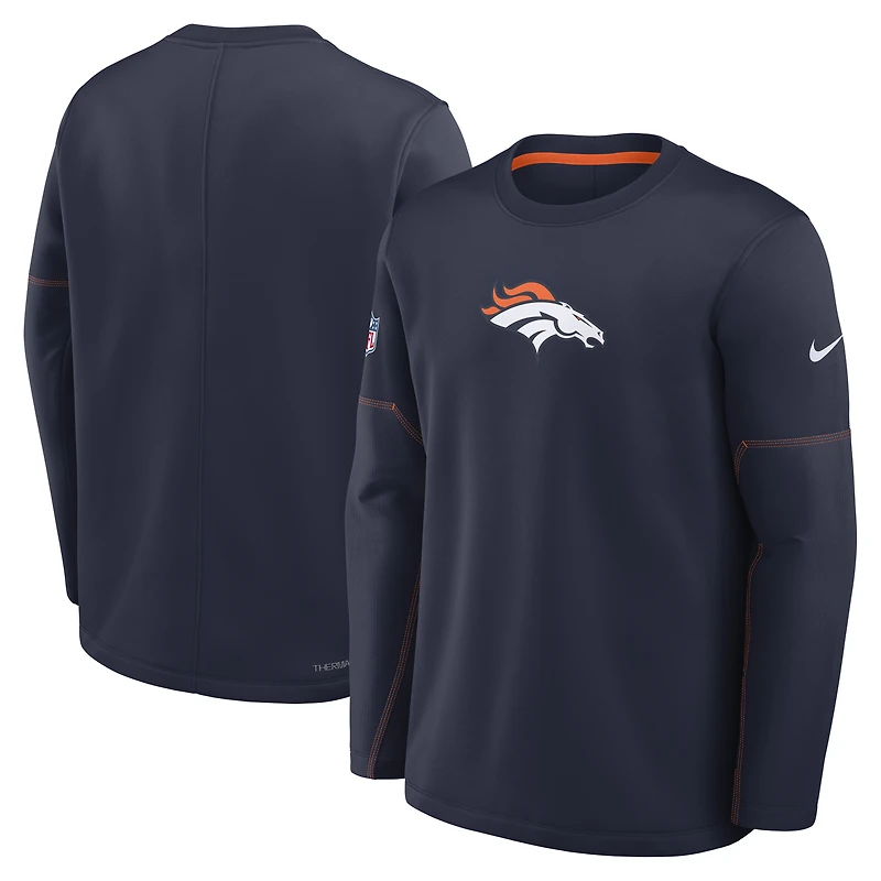 Sweat-shirt Nike Therma-FIT bleu marine pour homme, Denver Broncos, modèle Sideline Coaches.