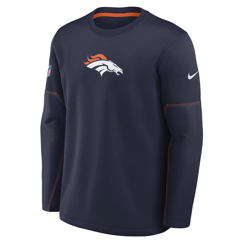 Sweat-shirt Nike Therma-FIT bleu marine pour homme, Denver Broncos, modèle Sideline Coaches.