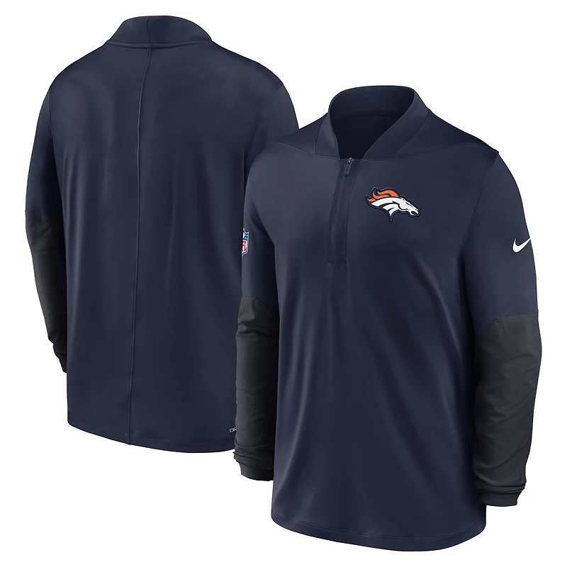 Pull Nike bleu marine Denver Broncos Sideline Dri-FIT à demi-zip pour homme