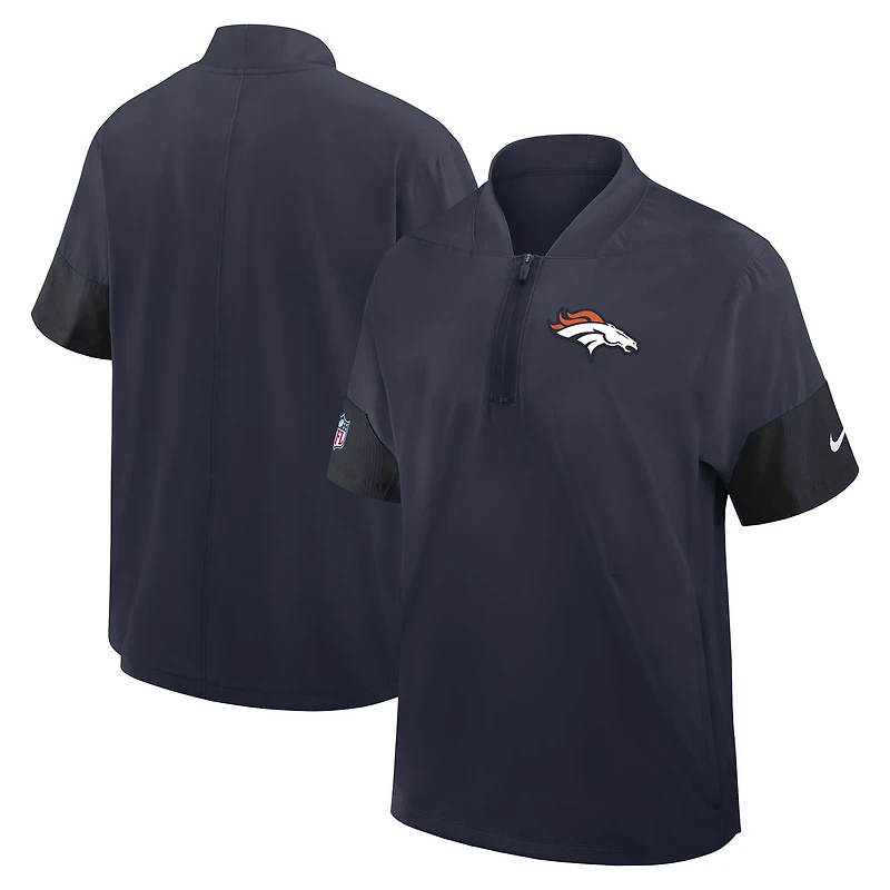 Veste d'entraîneur Nike Denver Broncos Sideline bleu marine pour homme, manches courtes, fermeture éclair au quart, technologie Dri-FIT