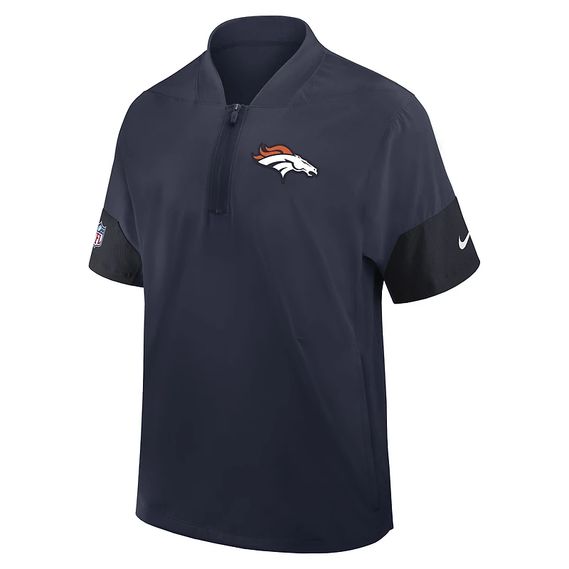 Veste d'entraîneur Nike Denver Broncos Sideline bleu marine pour homme, manches courtes, fermeture éclair au quart, technologie Dri-FIT