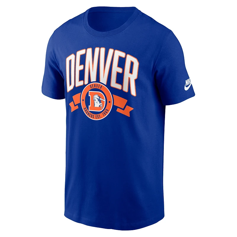 T-shirt Nike Royal Denver Broncos Rewind pour homme, coupe avant et arrière, essentiel