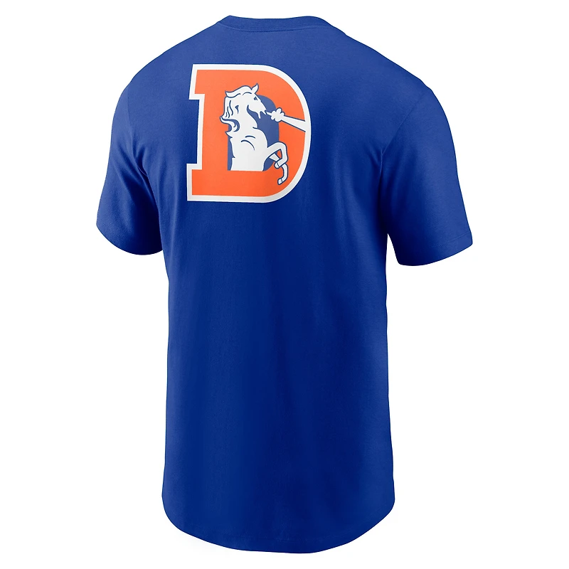 T-shirt Nike Royal Denver Broncos Rewind pour homme, coupe avant et arrière, essentiel