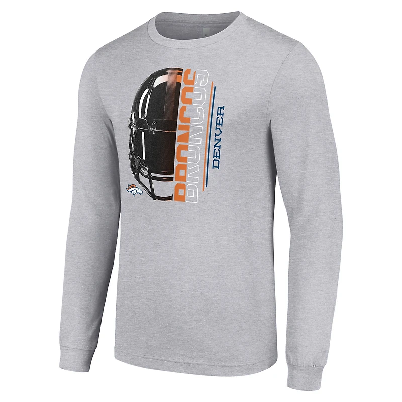T-shirt chiné à manches longues pour homme, gris chiné, avec logo demi-casque des Denver Broncos
