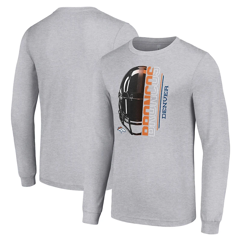 T-shirt chiné à manches longues pour homme, gris chiné, avec logo demi-casque des Denver Broncos