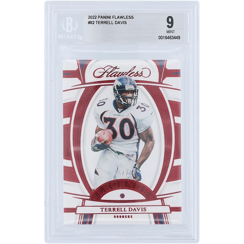 Terrell Davis Denver Broncos 2022 Panini Flawless Ruby Relic #92 #15/20 BGS Carte authentifiée 9