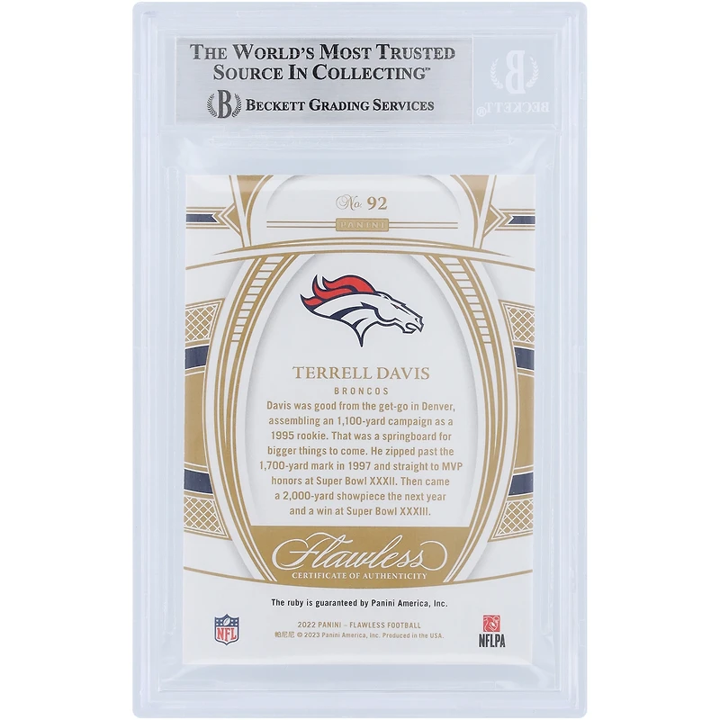Terrell Davis Denver Broncos 2022 Panini Flawless Ruby Relic #92 #15/20 BGS Carte authentifiée 9