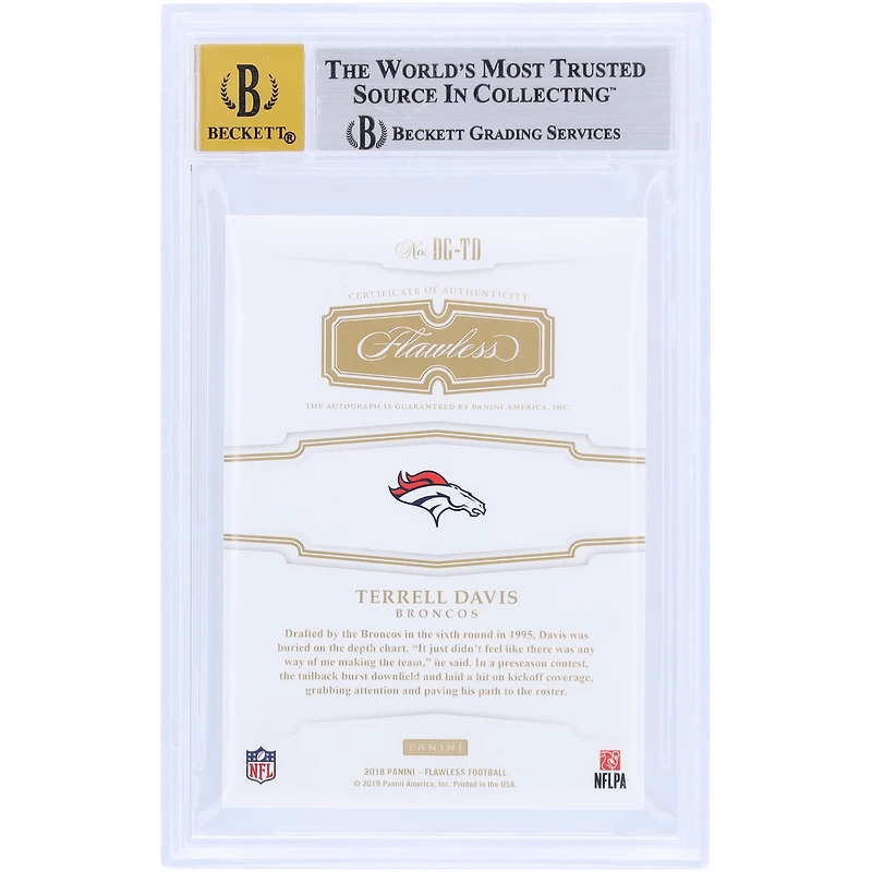 Terrell Davis Denver Broncos Autographed 2018 Panini Flawless Draft Gems Sapphire #DG-TD #2/3 BGS Authenticated 8.5/10 Card - 9,8.5,9,8 Subgrades