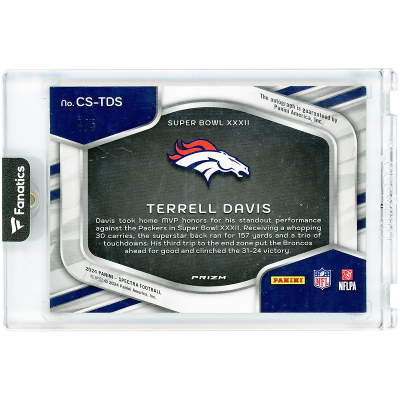 Carte autographiée Terrell Davis (Denver Broncos) 2024 Panini Spectra Super Bowl Champion Signatures Marble #CS-TDS #4/5