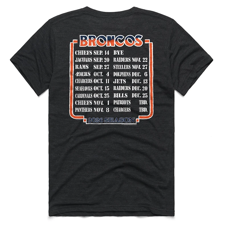 T-shirt unisexe Hommage Charcoal Denver Broncos 2026 NFL Calendar Queen Tri-Blend