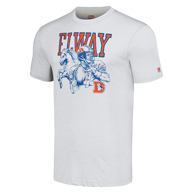 T-shirt unisexe hommage John Elway Ash Denver Broncos Caricature Joueur retraité Tri-Blend