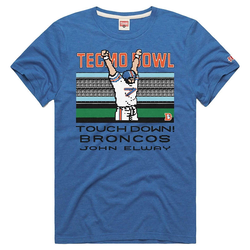 T-shirt unisexe hommage John Elway Royal Denver Broncos Tecmo Bowl joueur retraité graphique tri-blend
