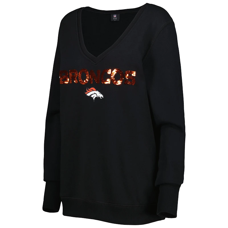 Women's Cuce Black Denver Broncos Sequin Logo V-Neck Pullover Sweatshirt