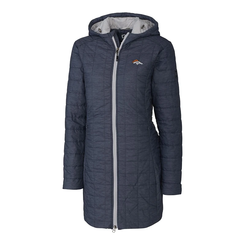 Manteau long léger à capuche Cutter & Buck Rainier bleu marine chiné Denver Broncos pour femme, avec Primaloft Eco.