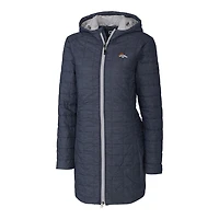 Manteau long léger à capuche Cutter & Buck Rainier bleu marine chiné Denver Broncos pour femme, avec Primaloft Eco.