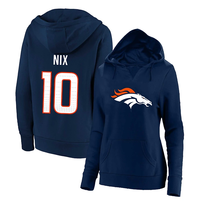 Women's Fanatics Bo Nix Navy Denver Broncos Plus Player Name & Number V-Neck Hoodie