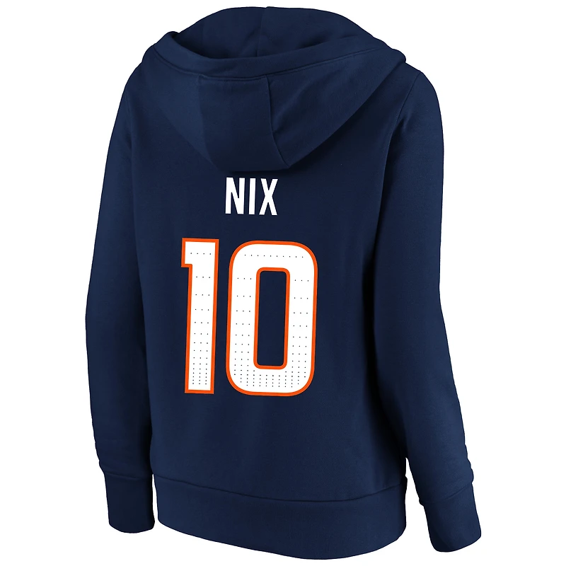 Sweat à capuche col en V Fanatics Bo Nix bleu marine Denver Broncos pour femme, grande taille, avec nom et numéro du joueur