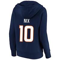 Sweat à capuche col en V Fanatics Bo Nix bleu marine Denver Broncos pour femme, grande taille, avec nom et numéro du joueur