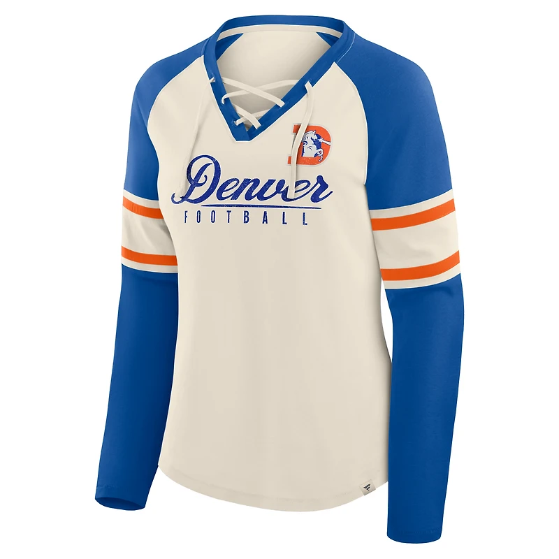Women's Fanatics Cream/Royal Denver Broncos Hometown Gridiron Hero Raglan Lace-Up V-Neck Long Sleeve T-Shirt