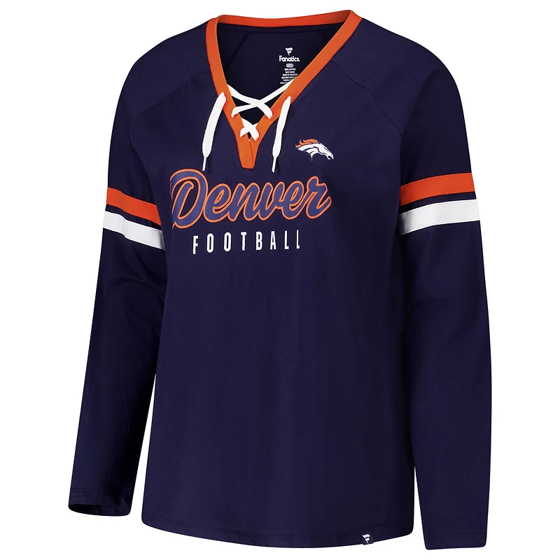 T-shirt à manches longues et col en V lacets pour femmes Fanatics Navy Denver Broncos grande taille Won & Done