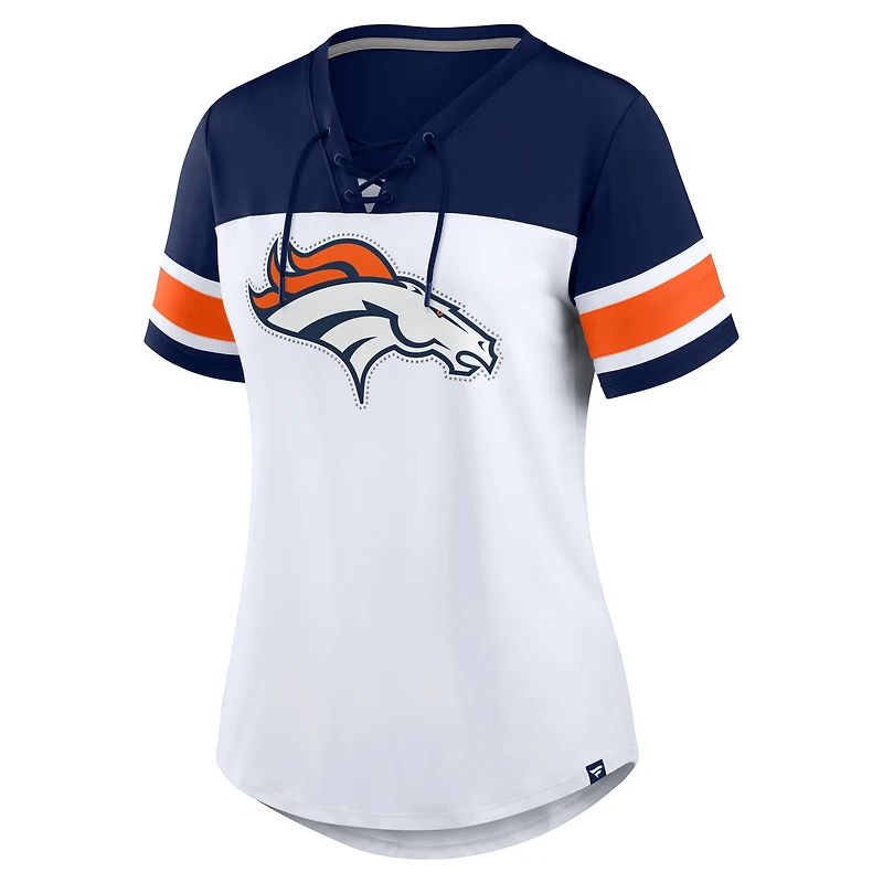 Women's Fanatics White/Navy Denver Broncos Athena Rhinestone Lace-Up V-Neck T-Shirt