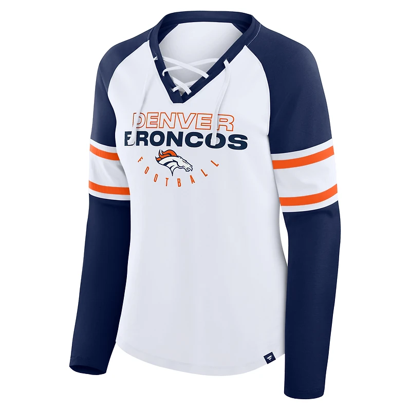T-shirt à manches longues et col en V lacets pour femme, blanc/bleu marine, Denver Broncos Redzone Blitz Package