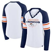 T-shirt à manches longues et col en V lacets pour femme, blanc/bleu marine, Denver Broncos Redzone Blitz Package