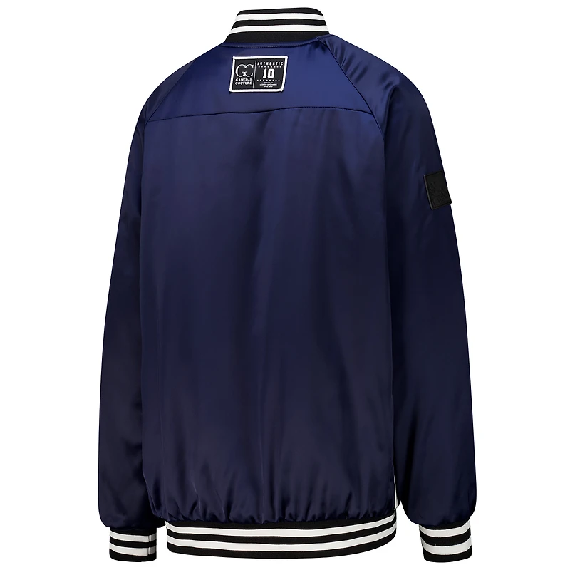 Women's Gameday Couture  Navy/White Denver Broncos Oversized Hot Shot Rhinestone Throwback Full-Snap Varsity Bomber Jacket