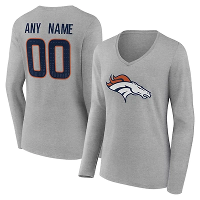Women's Gray Denver Broncos Team Authentic Personalized Name & Number Long Sleeve V-Neck T-Shirt