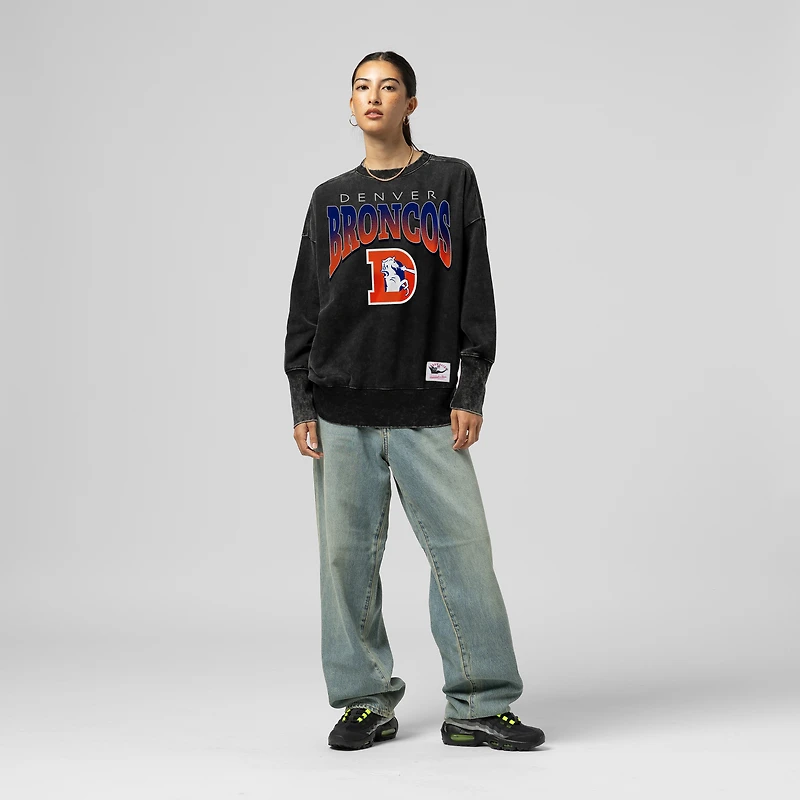 Women's Mitchell & Ness  Black Denver Broncos Delineate Mineral Wash Crewneck Sweatshirt