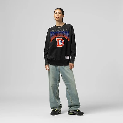Women's Mitchell & Ness  Black Denver Broncos Delineate Mineral Wash Crewneck Sweatshirt