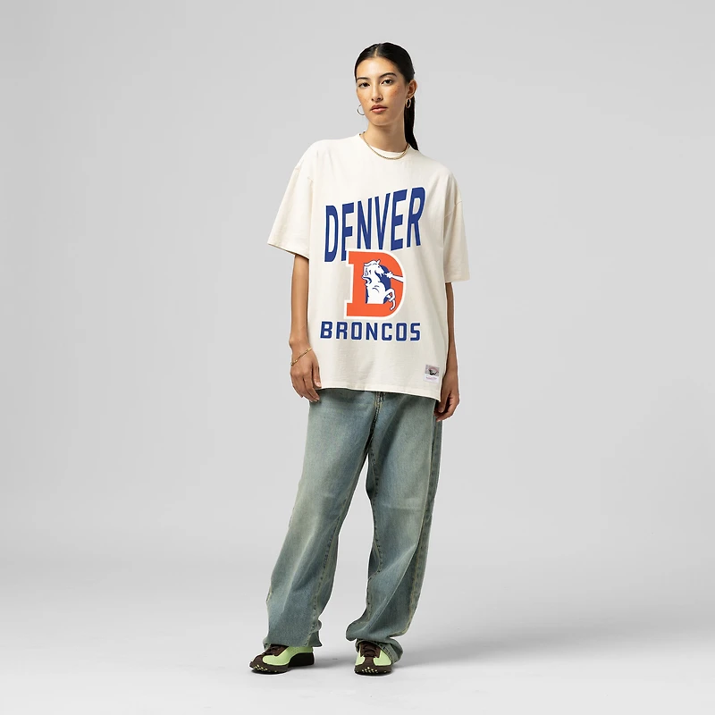 Women's Mitchell & Ness  Cream Denver Broncos Logo Rise Boyfriend T-Shirt