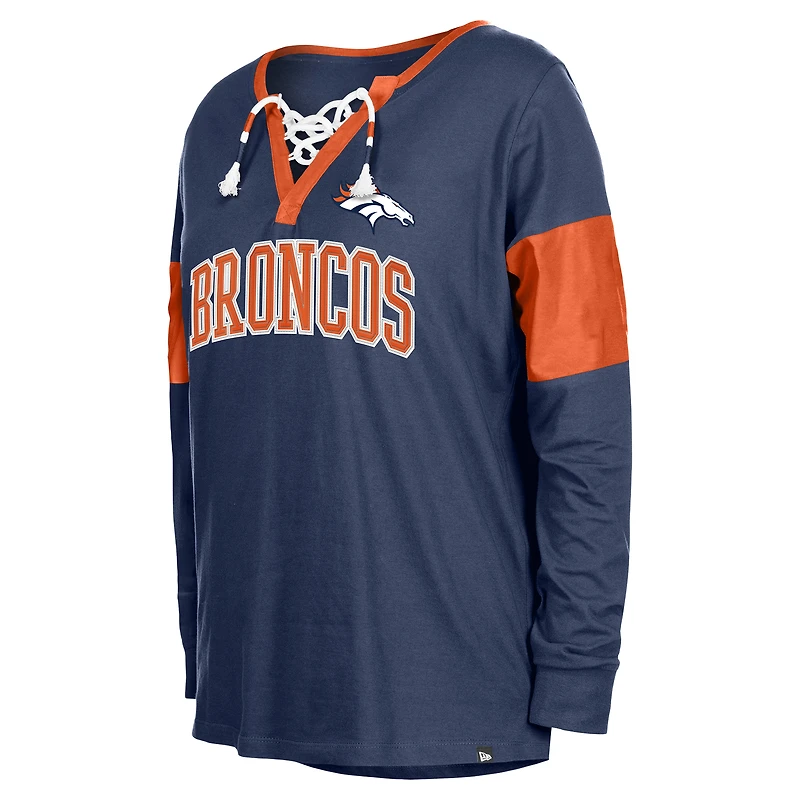 T-shirt à manches longues et col cranté lacets New Era pour femmes, bleu marine, Denver Broncos