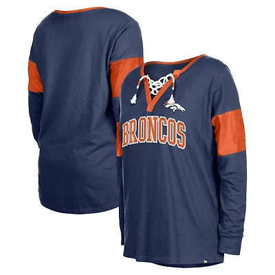 T-shirt à manches longues et col cranté lacets New Era pour femmes, bleu marine, Denver Broncos