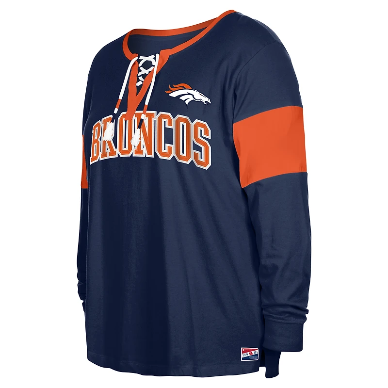 Women's New Era Navy Denver Broncos Plus Lace-Up Notch Neck Long Sleeve T-Shirt